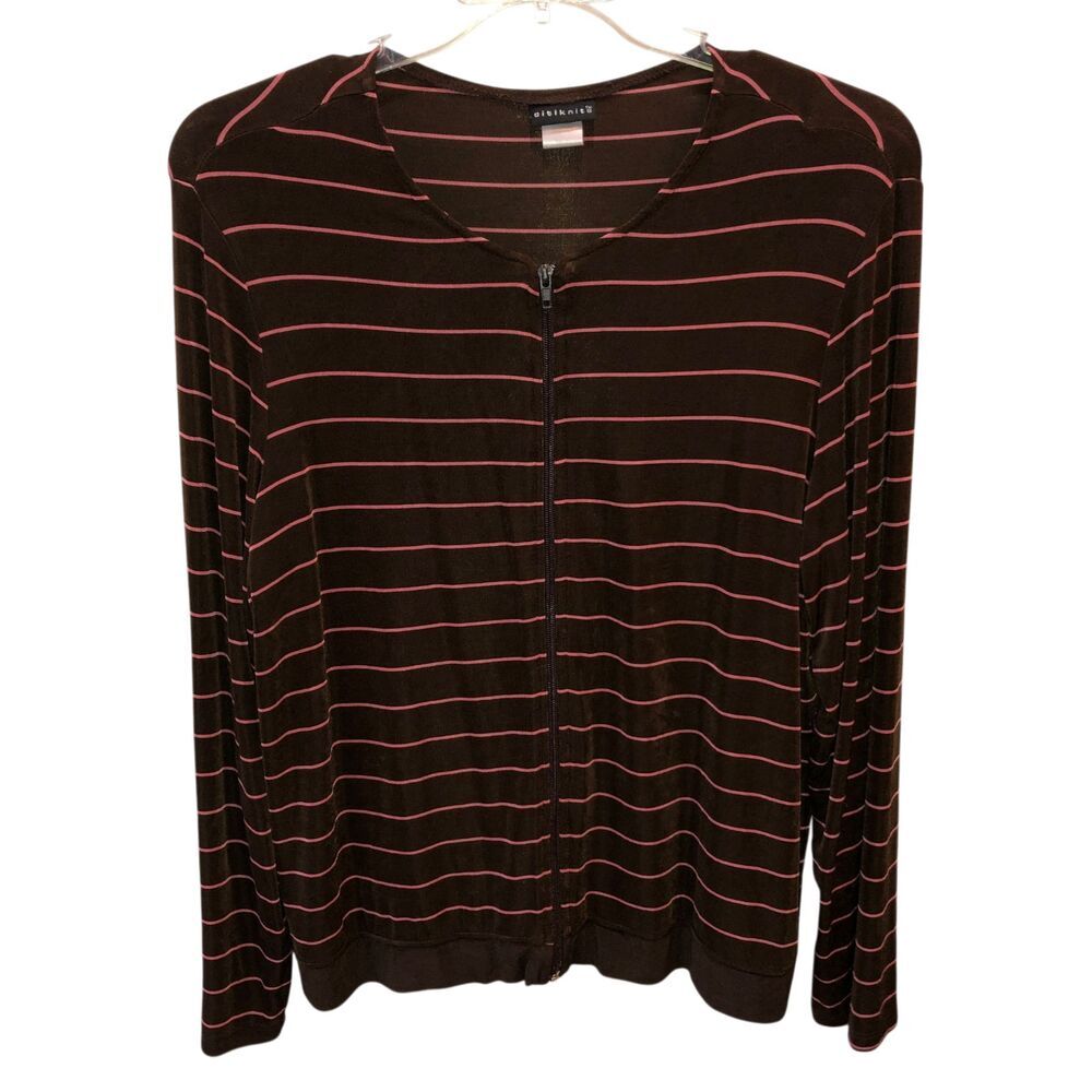 Citiknits Womens Large Brown Pink Striped Full Zip Slinky Cardigan Jacket Top L